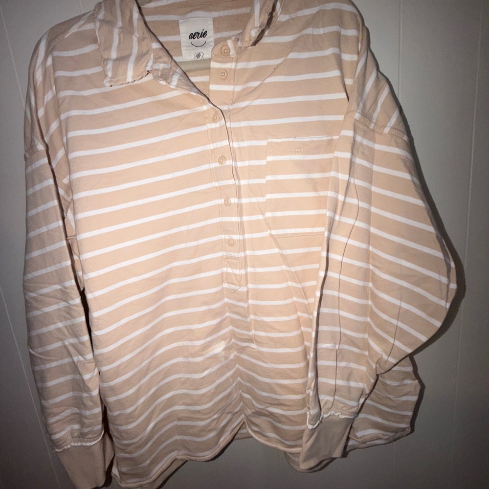 Aerie Beige and White Cotton Striped Henley Top